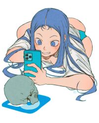 Rule 34 | 1girl, andrewcockroach, blue eyes, blue hair, blue nails, blue panties, blue theme, blush, commentary, english commentary, fingernails, grin, highres, holding, holding phone, long sleeves, lying, nail polish, no pants, on stomach, onlyfans, onlyfans logo, original, panties, phone, shirt, short sleeves, simple background, skull, smile, solo, twisted torso, underwear, white background, white shirt