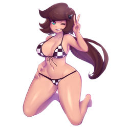 Rule 34 | 1girl, barefoot, bikini, breasts, brown hair, checkered bikini, checkered clothes, cleavage, heart, heart-shaped pupils, highres, long hair, medium breasts, meltyvixen, navel, one eye closed, peace symbol, ponytail, shady lewd kart, silvie (shady lewd kart), smile, solo, swimsuit, symbol-shaped pupils, wink