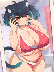 Rule 34 | 1girl, animal ear fluff, animal ears, black hair, blush, breasts, cameltoe, cat girl, cellphone, cleft of venus, highres, huge breasts, iori 4kagetsu, midriff, mirror, nipples through clothes, original, phone, plump, selfie, short hair, short twintails, smartphone, solo, swimsuit, tail, thick thighs, thighs, twintails, v, wide hips, yellow eyes