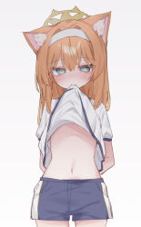Rule 34 | 1girl, @ @, absurdres, animal ear fluff, animal ears, arms behind back, blue archive, blue eyes, blue shorts, blush, clothes lift, commentary request, cowboy shot, fox ears, fox girl, gym shirt, gym shorts, hair between eyes, hairband, halo, highres, lifted by self, long hair, mari (blue archive), mari (track) (blue archive), mouth hold, navel, nose blush, official alternate costume, orange hair, shiroma renri, shirt, shirt lift, short shorts, short sleeves, shorts, simple background, solo, white background, white hairband, white shirt, yellow halo