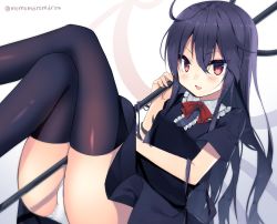 Rule 34 | 1girl, :d, alternate hair length, alternate hairstyle, artist name, ass, black dress, black hair, black thighhighs, blush, bow, bowtie, center frills, commentary, crossed legs, dress, frilled shirt collar, frills, gradient background, grey background, hair between eyes, holding, holding weapon, houjuu nue, legs up, long hair, looking at viewer, momomaron, open mouth, panties, pantyshot, polearm, reclining, red bow, red bowtie, red eyes, short dress, short sleeves, sitting, smile, solo, thighhighs, thighs, touhou, trident, twitter username, underwear, weapon, white background, white panties