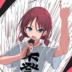 Rule 34 | 1girl, 7n7nurur, absurdres, blue eyes, commentary request, girls band cry, highres, holding, holding microphone, iseri nina, looking at viewer, microphone, music, open mouth, red hair, red nails, shikai no sumi kuchiru oto, shirt, short twintails, singing, solo, sweat, twintails, upper body, white shirt
