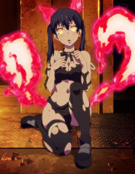 Rule 34 | 1girl, absurdres, animal ears, black hair, blush, breasts, bright pupils, cat ears, cat tail, cleavage, clenched hands, embarrassed, en&#039;en no shouboutai, facing viewer, fire, fire, floor, full body, glowing, glowing eyes, hair between eyes, hands up, highres, indoors, long hair, looking at viewer, medium breasts, midriff, multiple tails, navel, off shoulder, on floor, open mouth, partially undressed, pink fire, red fire, ribbon, room, screencap, shadow, shirt, shoes, sitting, slit pupils, solo, strap slip, tail, tamaki kotatsu, tears, thighhighs, tongue, torn clothes, torn shirt, torn thighhighs, twintails, white pupils, wide-eyed, yellow eyes