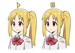 Rule 34 | 1girl, ahoge, blonde hair, bocchi the rock!, bow, bowtie, closed mouth, commentary, cropped torso, dress shirt, empty eyes, ijichi nijika, long hair, looking to the side, multiple views, parted lips, pause button, play button, red bow, red bowtie, red eyes, school uniform, shirt, side ponytail, sidelocks, smile, tenten (chan4545), white shirt, wing collar