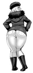 Rule 34 | 1girl, ass, bad id, bad tumblr id, boots, dark-skinned female, dark skin, elf-san wa yaserarenai., greyscale, hands on own hips, hat, highres, huge ass, kuroeda (elf-san wa yaserarenai.), long hair, looking at viewer, looking back, mole, mole under eye, monochrome, pointy ears, simple background, solo, synecdoche, thick thighs, thighs, white background, wide hips