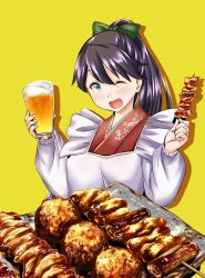 Rule 34 | 10s, 1girl, ;d, alcohol, anchor print, anchor symbol, apron, beer, food, houshou (kancolle), japanese clothes, kantai collection, kappougi, long hair, maid, meat, one eye closed, open mouth, ponytail, smile, solo, very long hair, wa maid, yakitori, yellow background, yuzu momo