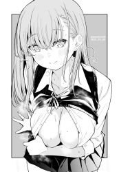 Rule 34 | breasts, cleavage, closed mouth, dated, grey background, greyscale, highres, kichihachi, large breasts, long hair, looking at viewer, monochrome, original, shirt, smile, sweat, twitter username, two-tone background, white background