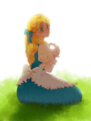 Rule 34 | 1girl, blonde hair, blue dress, blue eyes, closed mouth, commentary request, dress, erina pendleton, frilled dress, frills, grass, hair ribbon, highres, holding, jojo no kimyou na bouken, long hair, long sleeves, looking at viewer, mugicha (zoro1132), outdoors, phantom blood, ribbon, sitting, smile, solo