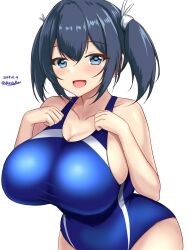 Rule 34 | 1girl, black hair, blue eyes, blue one-piece swimsuit, blush, breasts, competition swimsuit, covered navel, cowboy shot, dated, hair between eyes, hair ribbon, highres, huge breasts, impossible clothes, impossible swimsuit, japanese clothes, kantai collection, large breasts, long hair, looking at viewer, montemasa, one-piece swimsuit, open mouth, ribbon, simple background, smile, solo, souryuu (kancolle), swimsuit, twintails, twitter username, two-tone swimsuit, white background