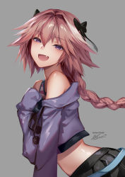 Rule 34 | 1991 (blz), 1boy, astolfo (fate), astolfo (memories at trifas) (fate), black bow, black ribbon, bow, braid, fang, fate/apocrypha, fate/grand order, fate (series), hair ornament, hair ribbon, highres, jacket, long braid, looking at viewer, male focus, official alternate costume, open mouth, pink hair, pleated skirt, purple eyes, purple jacket, ribbon, single braid, skirt, smile, solo, trap