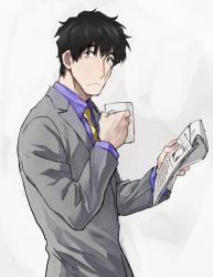 Rule 34 | 1boy, black hair, blue shirt, closed mouth, collar, cup, formal, frown, grey jacket, holding, holding cup, holding newspaper, housui (g3hopes), jacket, kekkai sensen, long sleeves, looking at viewer, male focus, necktie, newspaper, scar, shirt, short hair, solo, steven a. starphase, suit, upper body, white background, white cup, yellow necktie