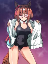 Rule 34 | 1girl, :q, absurdres, animal ears, black one-piece swimsuit, brown hair, closed mouth, commentary, cowboy shot, ear ornament, glasses, gradient hair, highres, horse ears, horse girl, jacket, jewelry, kamishima kanon, licking lips, looking at viewer, multicolored hair, neck ring, old school swimsuit, one-piece swimsuit, open clothes, open jacket, opened by self, purple background, red-framed eyewear, red eyes, school swimsuit, short hair, smile, solo, standing, swimsuit, swimsuit under clothes, tongue, tongue out, transcend (umamusume), umamusume