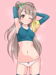 Rule 34 | 10s, 1girl, armpits, arms up, blue bra, blue thighhighs, blush, bow, bow panties, bra, breasts, cameltoe, collarbone, covered erect nipples, detached sleeves, k10k, long hair, love live!, love live! school idol project, medium breasts, midriff, minami kotori, navel, one eye closed, panties, pink background, sports bra, steam, sweat, thighhighs, underwear, underwear only, undressing, white panties