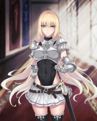 Rule 34 | 1girl, armor, black footwear, black leotard, blonde hair, blue eyes, blurry, blurry background, boots, breastplate, closed mouth, covered navel, cowboy shot, female knight, floating hair, gauntlets, hair between eyes, hand on hilt, highleg, highleg leotard, highres, indoors, knight, leotard, long hair, looking at viewer, miniskirt, multicolored hair, original, sheath, sheathed, shoulder armor, silver hair, skirt, solo, standing, sunlight, sword, thigh boots, thighhighs, two-tone hair, very long hair, weapon, white skirt, yuki7128, zettai ryouiki