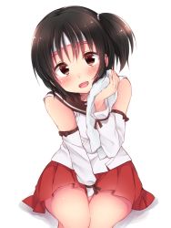 Rule 34 | between legs, brown eyes, brown hair, detached sleeves, hairband, hand between legs, highres, kantai collection, nagara (kancolle), red skirt, shirt, short hair, side ponytail, simple background, sk02, skirt, smile, solo, towel, white hairband, white shirt