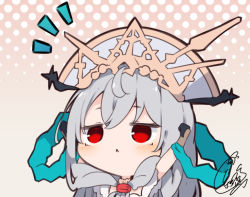 Rule 34 | 1girl, :&lt;, arknights, arms up, beni shake, blush, brown background, chibi, commentary request, grey hair, grey headwear, hair between eyes, halftone, halftone background, long hair, looking away, looking up, parted lips, red eyes, signature, skadi (arknights), skadi the corrupting heart (arknights), solo, triangle mouth, upper body