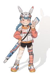 Rule 34 | 1girl, blue hair, braid, child, dolphin shorts, female focus, full body, grin, gun, highres, long sleeves, looking at viewer, mechanical parts, opossumachine, original, prosthesis, prosthetic leg, red eyes, shorts, smile, socks, solo, standing, thighhighs, twin braids, twintails, v, weapon, white socks, white thighhighs