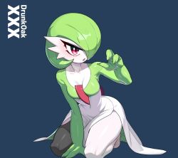 Rule 34 | 1girl, arm support, artist name, between legs, black pantyhose, blue background, blush, bob cut, breasts, claw pose, collarbone, colored skin, creatures (company), drunkoak, female focus, game freak, gardevoir, gen 3 pokemon, green hair, green skin, hair over one eye, hand between legs, hand up, kneeling, leaning forward, looking to the side, medium breasts, multicolored skin, nintendo, one eye covered, open mouth, pantyhose, pokemon, pokemon (creature), red eyes, shiny clothes, shiny skin, short hair, simple background, single leg pantyhose, solo, thighs, two-tone skin, v-shaped eyebrows, watermark, white skin