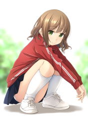 Rule 34 | 1girl, blurry, blurry background, bob cut, closed mouth, commentary request, depth of field, green eyes, highres, jacket, kneehighs, light brown hair, looking at viewer, original, outdoors, panties, pleated skirt, shadow, shibacha, shoes, short hair, skirt, smile, sneakers, socks, solo, squatting, track jacket, track suit, underwear, uniform, white footwear, white socks, white panties