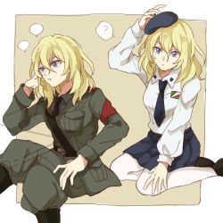Rule 34 | 10s, 1girl, ?, alpachiiino, anchovy, anchovy (cosplay), anchovy (girls und panzer), anzio military uniform, anzio school uniform, belt, beret, black footwear, black hat, black neckwear, black shirt, black skirt, blonde hair, blouse, blue eyes, boots, brown background, closed mouth, commentary, cosplay, crossed legs, dress shirt, dual persona, emblem, girls und panzer, grey jacket, grey pants, hand in own hair, hand on head, hat, jacket, knee boots, loafers, long sleeves, looking at viewer, looking to the side, medium hair, military, military uniform, miniskirt, necktie, oshida (girls und panzer), outside border, pants, pants tucked in, pantyhose, parted lips, pleated skirt, sam browne belt, school uniform, seiza, shirt, shoes, sitting, skirt, spoken question mark, uniform, white pantyhose, white shirt, wing collar