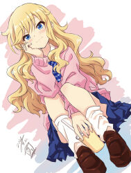 Rule 34 | 1girl, absurdres, between legs, blonde hair, blue background, blue bow, blue bowtie, blue eyes, blue skirt, blush, bow, bowtie, closed mouth, cup, dated, disposable cup, drinking straw, hand between legs, head rest, highres, holding, holding cup, idolmaster, idolmaster cinderella girls, idolmaster cinderella girls starlight stage, knees up, loafers, long hair, long sleeves, looking at viewer, loose socks, ohtsuki yui, pink background, pink sweater, pleated skirt, school uniform, sekiya kuzuyu, shirt, shoes, signature, sitting, skirt, smile, socks, solo, striped bow, striped bowtie, striped clothes, sweater, two-tone background, wavy hair, white shirt, white socks