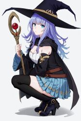 Rule 34 | 1girl, ai-generated, black cape, black shirt, black socks, blue eyes, blue skirt, boots, cape, charlotte reis, closed mouth, hat, highres, long hair, looking at viewer, purple hair, serious, shirt, simple background, skirt, socks, solo, tensei kizoku kantei skill de nariagaru, white background, white shirt, witch, witch hat