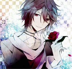 Rule 34 | 1boy, black jacket, brown hair, checkered background, flower, gekka ryouran romance, highres, holding, holding flower, jacket, kano aoi, long sleeves, looking at viewer, male focus, qi7pi, red eyes, red flower, red rose, red shirt, rose, scarf, shirt, short hair, smile, solo, teeth, white scarf