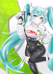 Rule 34 | 1girl, absurdres, aqua eyes, aqua hair, asymmetrical clothes, asymmetrical legwear, black bodysuit, black footwear, black thighhighs, bodysuit, bodysuit under clothes, covered navel, crop top, crop top overhang, cropped jacket, female focus, flag, goodsmile racing, hair between eyes, hand on own hip, hatsune miku, headgear, highres, holding, holding flag, jacket, long hair, long sleeves, looking at viewer, puffy sleeves, racing miku, racing miku (2022), sidelocks, single thighhigh, smile, solo, standing, standing on one leg, strap, thigh gap, thighhighs, twintails, very long hair, vocaloid, white background, white jacket