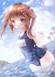 Rule 34 | 1girl, animal ears, blush, bow, breasts, brown hair, day, hair bobbles, hair bow, hair ornament, hand on own chest, highres, long hair, looking at viewer, moco ofuton, open mouth, original, outdoors, palm tree, petals, pink eyes, rabbit ears, rabbit girl, rabbit tail, school swimsuit, sky, small breasts, solo, swimsuit, tail, tree, twintails, wading