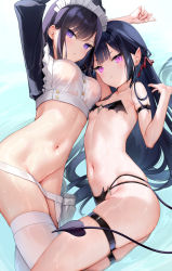 Rule 34 | 2girls, arm strap, black hair, blush, breasts, closed mouth, collarbone, demon tail, female focus, hair ornament, highres, large breasts, long sleeves, looking at viewer, maid-chan (mignon), maid headdress, mignon, multiple girls, navel, original, pointy ears, purple eyes, sarah-san (mignon), small breasts, tail, thigh strap, thighs, water, wet, white headwear, white legwear, yoru-chan (mignon)