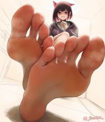 Rule 34 | 1girl, absurdres, animal ears, barefoot, black hair, blue archive, blush, feet, footer@unyaaan, highres, kazusa (blue archive), looking at viewer, medium hair, parted lips, red eyes, soles, steam, toes