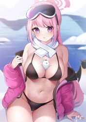 Rule 34 | 1girl, :o, bare shoulders, bikini, bird, black bikini, blue archive, blush, breasts, cleavage, eimi (blue archive), eimi (swimsuit) (blue archive), glacier, goggles, goggles on head, guri (gri1211), halo, highres, jacket, jacket partially removed, large breasts, long hair, looking at viewer, navel, official alternate costume, outdoors, padded jacket, penguin, pink eyes, pink hair, pink jacket, ponytail, scarf, side-tie bikini bottom, side-tie peek, signature, sitting, ski goggles, solo, stomach, swimsuit, very long hair, white scarf