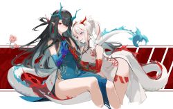 Rule 34 | 2girls, arknights, bare legs, bare shoulders, black hair, blue dress, blue fire, blue skin, braid, breasts, closed mouth, colored skin, commentary request, cropped legs, dragon girl, dragon horns, dragon tail, dress, dusk (arknights), dusk (everything is a miracle) (arknights), earrings, fiery tail, fire, gradient skin, green hair, haocong33, highres, holding, horns, jewelry, leaning forward, leg tattoo, long hair, looking at another, looking at viewer, medium breasts, multicolored hair, multiple girls, nian (arknights), nian (unfettered freedom) (arknights), official alternate costume, parted lips, pelvic curtain, pointy ears, ponytail, purple eyes, red eyes, red hair, red skin, siblings, side braid, silver hair, sisters, sitting, sleeveless, sleeveless dress, streaked hair, tail, tattoo, two-tone hair, very long hair, white dress