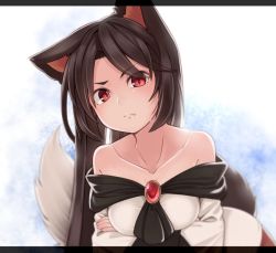 Rule 34 | 1girl, animal ears, bare shoulders, breasts, brooch, brown hair, collarbone, commentary request, crossed arms, dress, fang, fang out, imaizumi kagerou, jewelry, letterboxed, long hair, long sleeves, looking at viewer, medium breasts, off-shoulder dress, off shoulder, red eyes, solo, tail, tamahana, touhou, upper body, white background, white dress, wolf ears, wolf tail