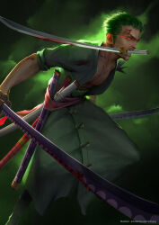 Rule 34 | 1boy, adpong, blood, bloody weapon, commentary, facial scar, green hair, highres, holding, holding sword, holding weapon, japanese clothes, katana, male focus, mouth hold, one piece, realistic, red eyes, roronoa zoro, scar, scar on cheek, scar on face, short hair, solo, sword, teeth, triple wielding, weapon