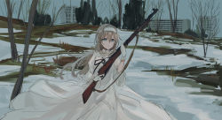 Rule 34 | 1girl, bare tree, blue eyes, blue sky, bolt action, brown hair, building, chihuri, day, dress, gloves, gun, hair between eyes, hairband, holding, holding gun, holding weapon, juliet sleeves, long hair, long sleeves, looking away, looking to the side, original, outdoors, parted lips, puffy sleeves, renata alekseevna tsvetaeva, rifle, sketch, sky, snow, solo, tree, very long hair, weapon, white dress, white gloves, white hairband, wide sleeves