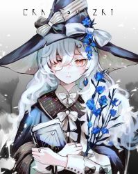 Rule 34 | 1girl, 8zk, blue flower, book, bow, flower, hair between eyes, hat, hat bow, highres, holding, holding book, holding flower, jewelry, long hair, long sleeves, looking at viewer, orange eyes, original, ring, solo, white bow, white hair, witch, witch hat