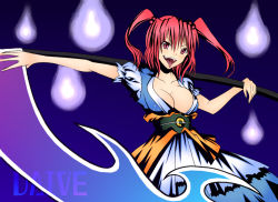 Rule 34 | 1girl, alternate weapon, breasts, cleavage, daive, female focus, hitodama, onozuka komachi, red eyes, red hair, scythe, short hair, solo, tongue, touhou, weapon