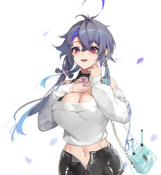 Rule 34 | 1girl, :d, absurdres, azur lane, bare shoulders, breasts, cleavage, commentary request, eir, foch (azur lane), foch (rainbow rendezvous) (azur lane), grey hair, hand on own chest, hands up, highres, large breasts, long hair, long sleeves, looking at viewer, navel, off-shoulder sweater, off shoulder, official alternate costume, open mouth, pink eyes, simple background, smile, solo, sweater, upper body, white background, white sweater