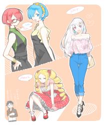 Rule 34 | 10s, 1boy, 4girls, :d, alternate costume, bare shoulders, beatrice (re:zero), bespectacled, blonde hair, blue eyes, blue hair, braid, bug, butterfly, butterfly-shaped pupils, casual, checkered clothes, checkered dress, contemporary, dress, drill hair, earrings, emilia (re:zero), french braid, frilled dress, frills, glasses, hair over one eye, hairband, heart, high heels, highres, insect, jacket, jewelry, long hair, mary janes, multiple girls, natsuki subaru, open mouth, pink hair, purple eyes, ram (re:zero), re:zero kara hajimeru isekai seikatsu, rem (re:zero), ribbed sweater, shoes, short hair, shorts, siblings, silver hair, sisters, smile, sweater, sweater vest, symbol-shaped pupils, text focus, thigh gap, track jacket, translation request, twin drills, twins, wa--ka