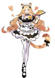 Rule 34 | 1girl, ;d, alternate costume, animal ears, arknights, black choker, black dress, black footwear, choker, dress, drill hair, enmaided, food, frilled choker, frills, full body, green eyes, heart, highres, holding, holding food, holding tray, long hair, maid, maid headdress, nicole (lion), omelet, omurice, one eye closed, open mouth, shoes, simple background, smile, solo, standing, swire (arknights), tail, thighhighs, tiger ears, tiger girl, tiger tail, tray, very long hair, white background, white thighhighs, white wrist cuffs, wrist cuffs