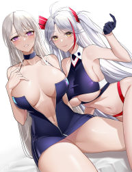 Rule 34 | 2girls, absurdres, antenna hair, arm support, armpits, azur lane, bare shoulders, black collar, black gloves, blush, breasts, cleavage, clothing cutout, collar, collarbone, collared shirt, commentary, commentary typo, cowboy shot, cropped shirt, dress, enterprise (azur lane), enterprise (wind catcher) (azur lane), gloves, hair between eyes, half gloves, halter dress, halterneck, hand on own chest, headgear, heart, heart-shaped pupils, highleg, highleg panties, highres, index finger raised, large breasts, larger bmx, long hair, looking at viewer, multicolored hair, multiple girls, navel, official alternate costume, on bed, panties, parted lips, partially unzipped, prinz eugen (azur lane), prinz eugen (final lap) (azur lane), purple dress, purple eyes, purple shirt, race queen, red hair, red panties, shadow, shirt, short dress, sidelocks, signature, simple background, sitting, sleeveless, sleeveless shirt, smile, stomach, streaked hair, swept bangs, symbol-shaped pupils, two side up, underboob, underboob cutout, underwear, very long hair, white background, white hair, yellow eyes