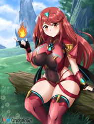 Rule 34 | 1girl, alternate hair length, alternate hairstyle, black gloves, breasts, canadiananiguy, chest jewel, earrings, fingerless gloves, gloves, highres, jewelry, large breasts, long hair, pyra (xenoblade), red eyes, red shorts, red thighhighs, short shorts, shorts, solo, swept bangs, thighhighs, thighs, tiara, very long hair, xenoblade chronicles (series), xenoblade chronicles 2