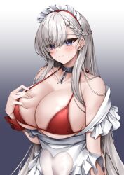 Rule 34 | 1girl, absurdres, azur lane, bare shoulders, belfast (azur lane), belfast (blissful service) (azur lane), bikini, blue eyes, blush, braid, breasts, cleavage, closed mouth, collarbone, eyes visible through hair, gradient background, grey hair, highres, large breasts, maid headdress, off shoulder, official alternate costume, red bikini, smile, solo, swimsuit, ueyama 0clock, underboob, upper body, white hair