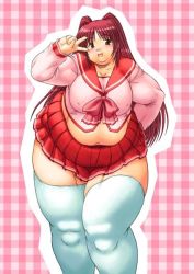 Rule 34 | 00s, 1girl, belly, bow, breasts, brown eyes, fat, female focus, harumi-knd, kousaka tamaki, large breasts, purple hair, school uniform, serafuku, skirt, solo, thick thighs, thighs, to heart, to heart (series), to heart 2, twintails, v