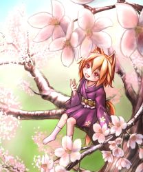 Rule 34 | :3, :d, animal ears, blonde hair, fang, floral print, flower, fox ears, fox tail, highres, in tree, japanese clothes, kimono, kitsuneke, open mouth, original, red eyes, short hair, sitting, sitting in tree, slit pupils, smile, solo, tail, tree