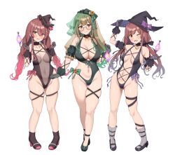 Rule 34 | 3girls, absurdres, alternate costume, blush, bow, braid, breasts, center opening, character request, cleavage, collarbone, covered navel, glasses, gloves, hat, high heels, highleg, highleg swimsuit, highres, idolmaster, idolmaster shiny colors, kuwayama chiyuki, large breasts, long hair, looking at viewer, low twintails, multiple girls, one-piece swimsuit, one eye closed, open mouth, osaki amana, osaki tenka, red hair, see-through, siblings, sisters, skindentation, small breasts, standing, swept bangs, swimsuit, thigh strap, thighs, twin braids, twins, twintails, veil, wanimaru, white background, witch hat, yellow eyes