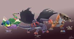 Rule 34 | absurdres, artist name, barroth, blue fur, claws, closed mouth, colored tongue, creature, creatures (company), digitigrade, dragon, english text, fakemon, forked tongue, full body, game freak, googly eyes, gore magala, gugenheim98, highres, monster, monster hunter (series), mud, multicolored tail, nintendo, no eyes, no humans, open mouth, pink eyes, pokemon, pokemon (creature), pukei-pukei, purple tongue, scales, simple background, tail, teeth, tongue, tongue out, torn wings, wings, wyvern, yellow background