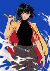 Rule 34 | 1girl, absurdres, alternate costume, arm at side, arm tattoo, belt, black hair, black shirt, bleach, bleach: sennen kessen-hen, blue background, blunt bangs, blurry, brown eyes, brown pants, clip studio paint (medium), closed mouth, commentary, contemporary, cowboy shot, depth of field, eyebrows hidden by hair, fighting stance, floating hair, grey belt, hand up, highres, holding, holding sword, holding weapon, katana, looking at viewer, nose, pants, sheath, shirt, short hair, simple background, sleeveless, sleeveless shirt, solo, sui-feng, sword, tattoo, tsurime, v-shaped eyebrows, weapon, yshjsw