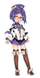 Rule 34 | 1girl, :o, absurdres, blade (galaxist), blue hair, blush, boots, brown footwear, brown thighhighs, full body, garrison cap, glasses, hair ornament, hairclip, hat, highres, long sleeves, looking at viewer, monica grace, official art, open mouth, pleated skirt, pop-up story, purple eyes, red-framed eyewear, semi-rimless eyewear, short hair, skirt, sleeve cuffs, solo, swept bangs, thigh boots, thighhighs, transparent background